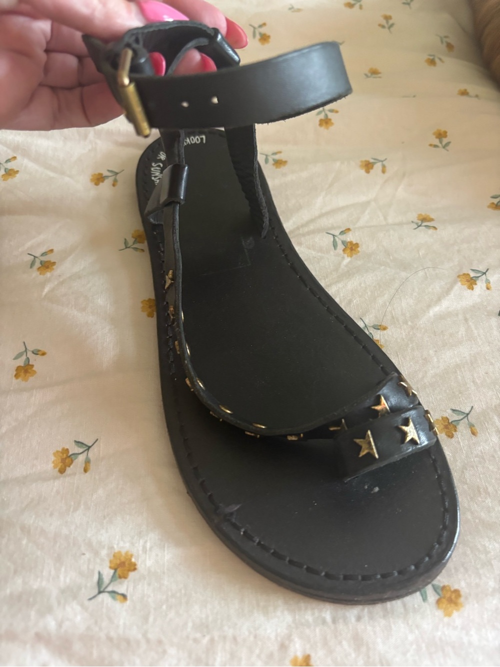 Golden Goose Black Leather Sandal with Gold Star Studs